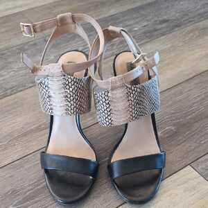 Karl Lagerfeld Black and Tan Snakeskin Sandals